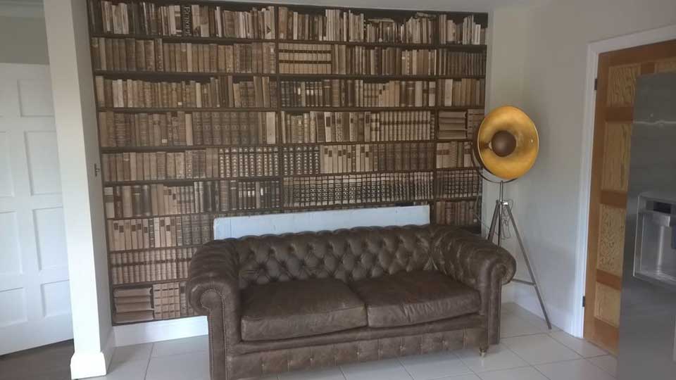 Bookcase Wall Papering Job